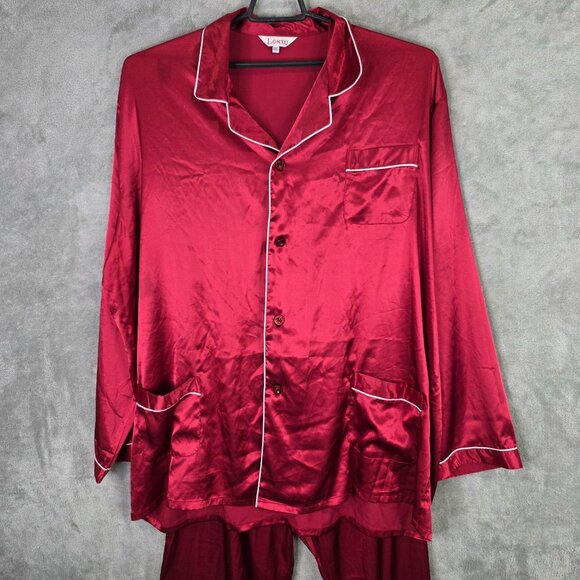 Womens Lonxu Satin Pajama Shirt & Pants Set Button-Up Red White Piping Size 4XL - Picture 2 of 15